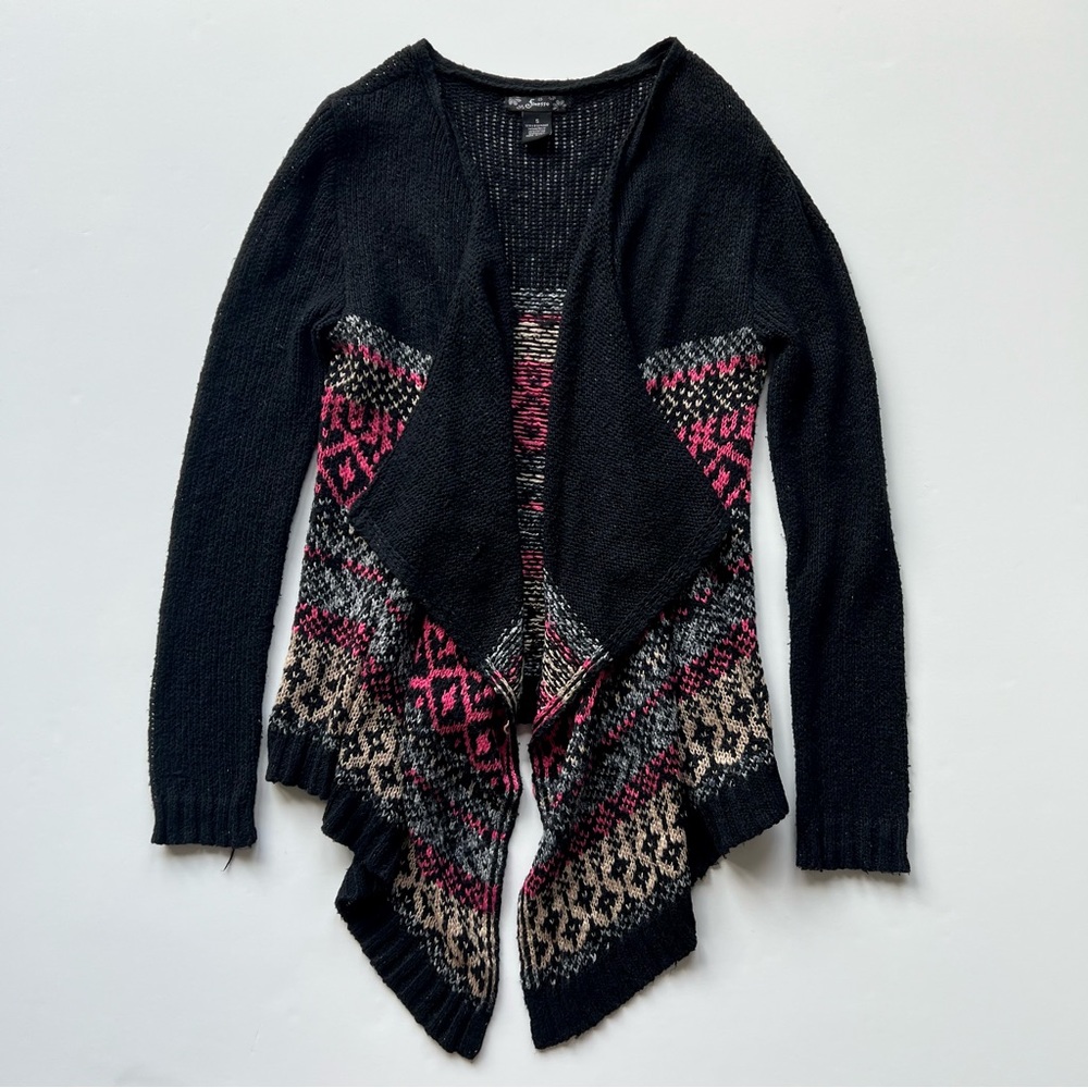 Finesse Black and Multicolor Geometric Open Front Cardigan, Small